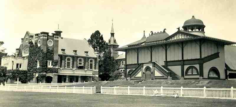 The Geelong College, circa 1920s. View south-east towards Norman Morrison Memorial Hall (left), George Morrison Building Tower (center),<br/> and the Cricket Pavilion (right).
